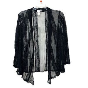 New‎ Women’s Size Large Whimsical Long Sleeve Cardigan Black Sheer Lace Mesh